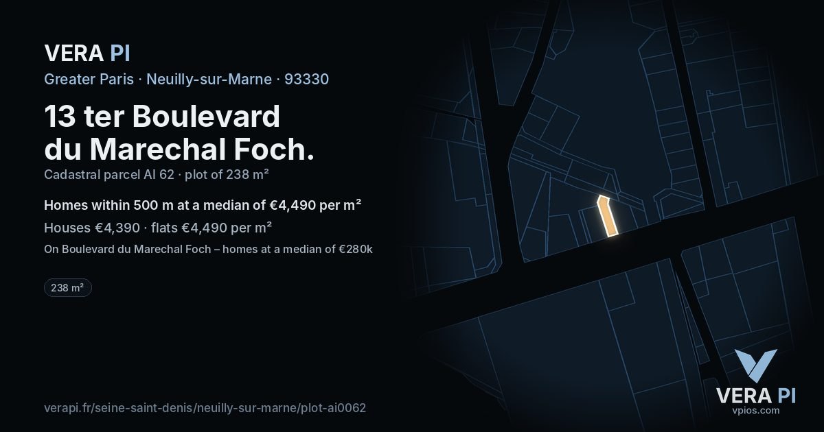13 ter Boulevard du Marechal Foch, Neuilly-sur-Marne at night – the plot lit, the parcels around coloured by the prices near them