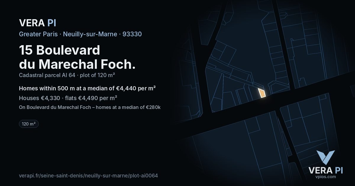 15 Boulevard du Marechal Foch, Neuilly-sur-Marne at night – the plot lit, the parcels around coloured by the prices near them