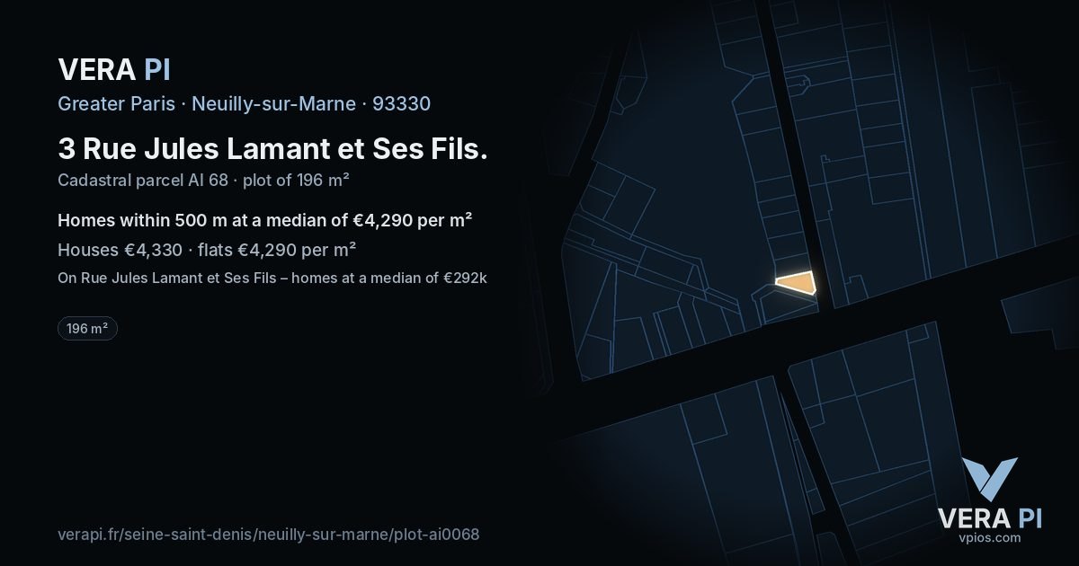 3 Rue Jules Lamant et Ses Fils, Neuilly-sur-Marne at night – the plot lit, the parcels around coloured by the prices near them