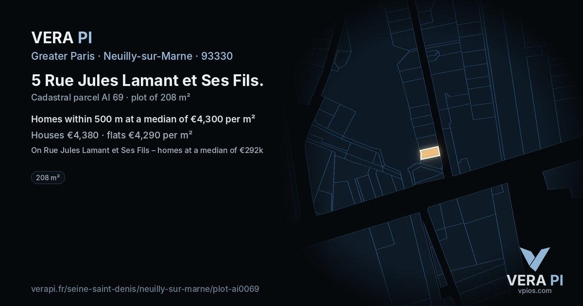5 Rue Jules Lamant et Ses Fils, Neuilly-sur-Marne at night – the plot lit, the parcels around coloured by the prices near them