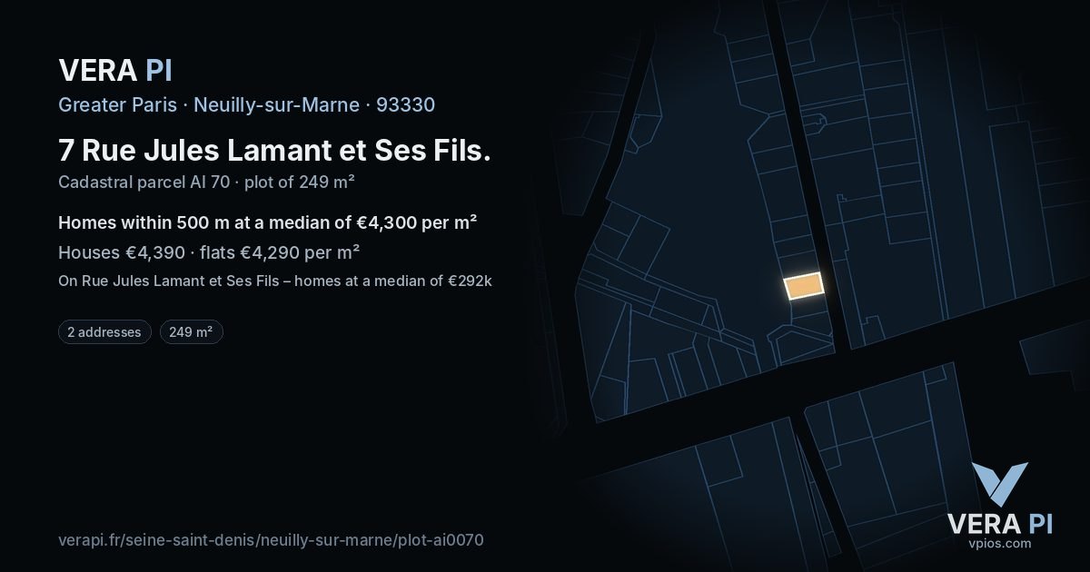7 Rue Jules Lamant et Ses Fils, Neuilly-sur-Marne at night – the plot lit, the parcels around coloured by the prices near them