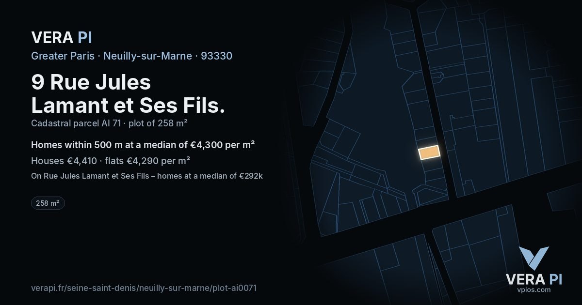 9 Rue Jules Lamant et Ses Fils, Neuilly-sur-Marne at night – the plot lit, the parcels around coloured by the prices near them
