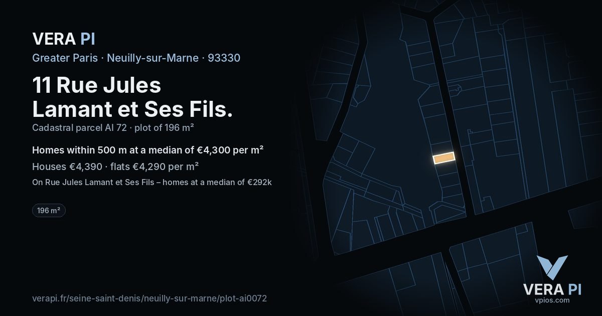 11 Rue Jules Lamant et Ses Fils, Neuilly-sur-Marne at night – the plot lit, the parcels around coloured by the prices near them