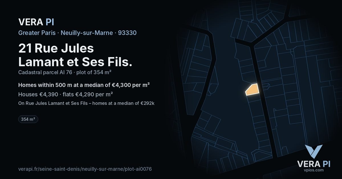 21 Rue Jules Lamant et Ses Fils, Neuilly-sur-Marne at night – the plot lit, the parcels around coloured by the prices near them