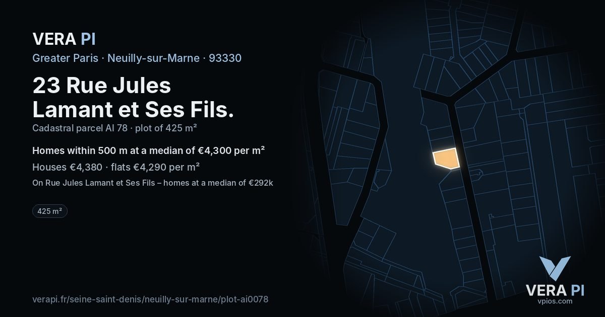 23 Rue Jules Lamant et Ses Fils, Neuilly-sur-Marne at night – the plot lit, the parcels around coloured by the prices near them
