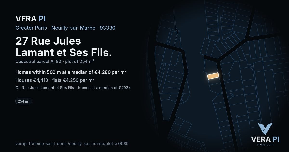 27 Rue Jules Lamant et Ses Fils, Neuilly-sur-Marne at night – the plot lit, the parcels around coloured by the prices near them