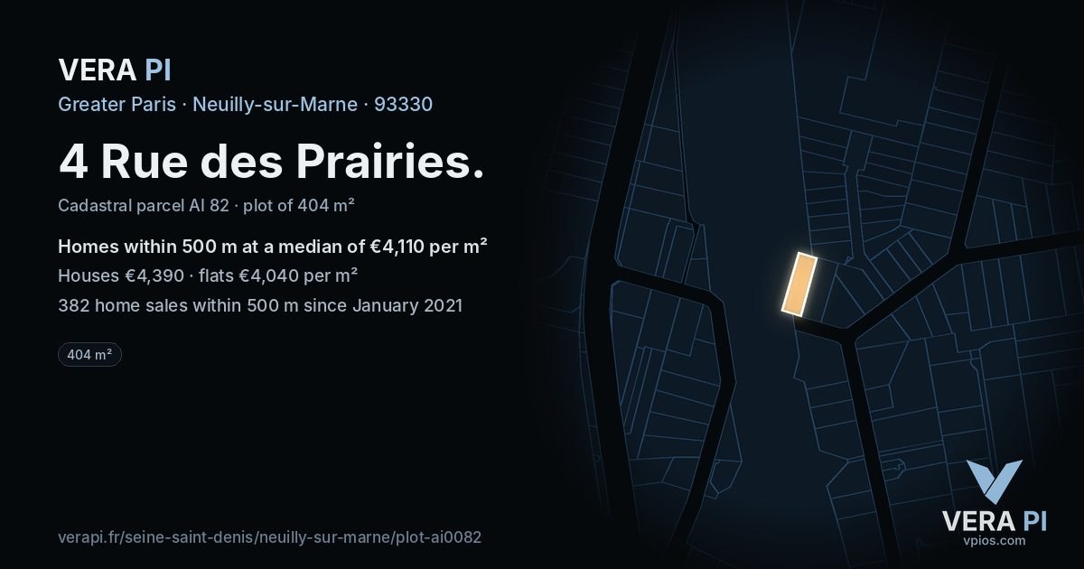 4 Rue des Prairies, Neuilly-sur-Marne at night – the plot lit, the parcels around coloured by the prices near them