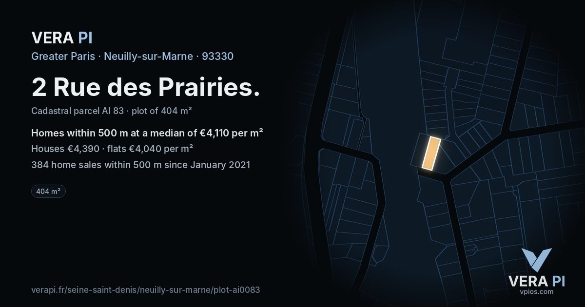 2 Rue des Prairies, Neuilly-sur-Marne at night – the plot lit, the parcels around coloured by the prices near them