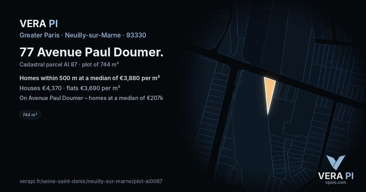 77 Avenue Paul Doumer, Neuilly-sur-Marne at night – the plot lit, the parcels around coloured by the prices near them