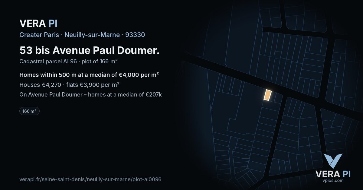53 bis Avenue Paul Doumer, Neuilly-sur-Marne at night – the plot lit, the parcels around coloured by the prices near them