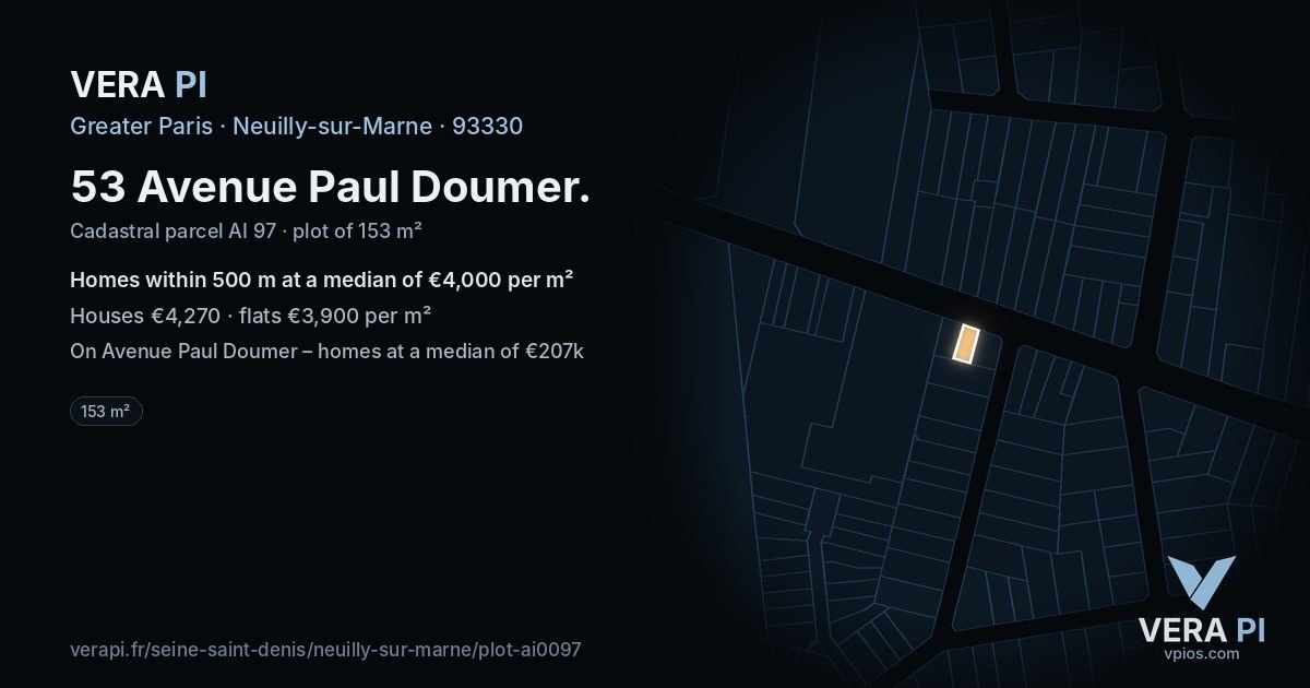 53 Avenue Paul Doumer, Neuilly-sur-Marne at night – the plot lit, the parcels around coloured by the prices near them
