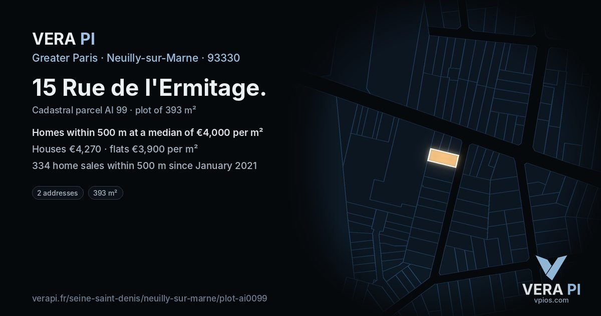 15 Rue de l'Ermitage, Neuilly-sur-Marne at night – the plot lit, the parcels around coloured by the prices near them
