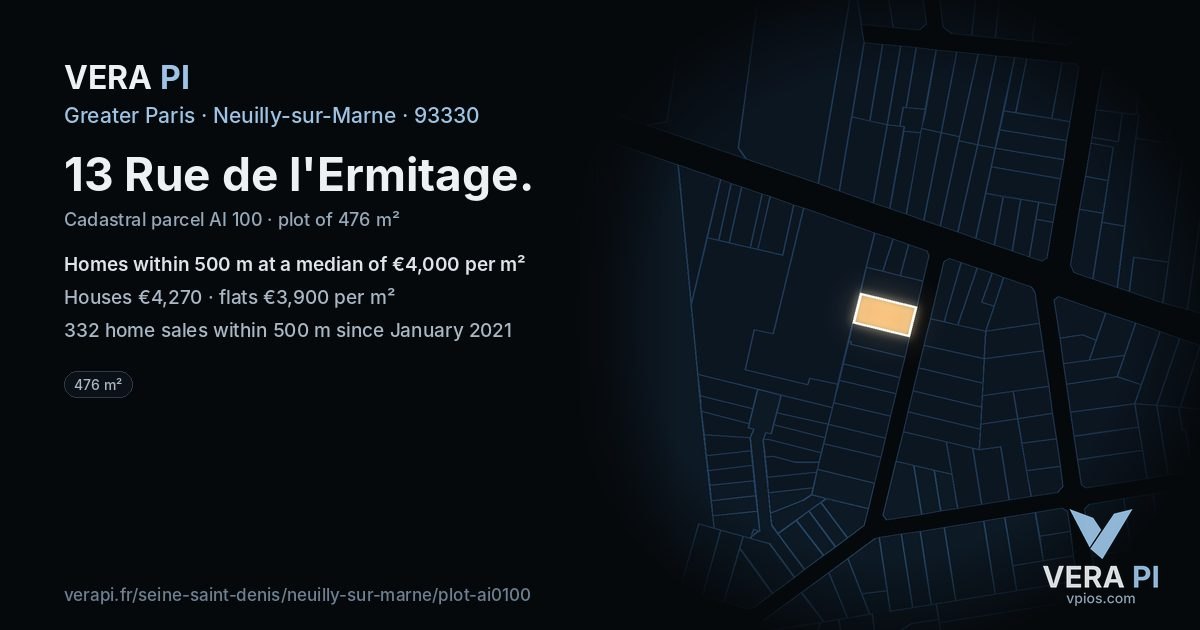 13 Rue de l'Ermitage, Neuilly-sur-Marne at night – the plot lit, the parcels around coloured by the prices near them