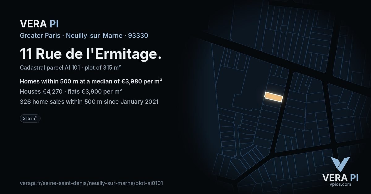 11 Rue de l'Ermitage, Neuilly-sur-Marne at night – the plot lit, the parcels around coloured by the prices near them