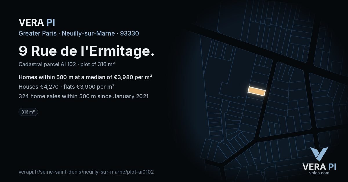 9 Rue de l'Ermitage, Neuilly-sur-Marne at night – the plot lit, the parcels around coloured by the prices near them