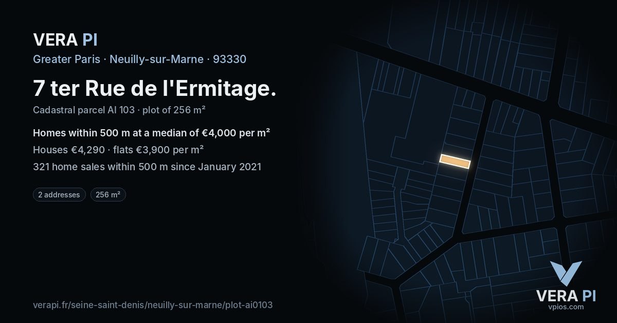7 ter Rue de l'Ermitage, Neuilly-sur-Marne at night – the plot lit, the parcels around coloured by the prices near them