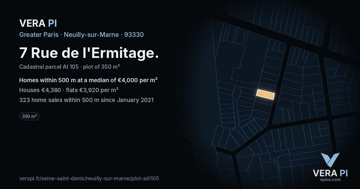 7 Rue de l'Ermitage, Neuilly-sur-Marne at night – the plot lit, the parcels around coloured by the prices near them