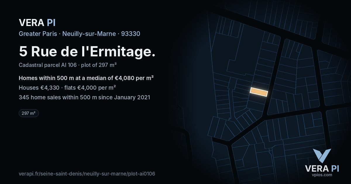 5 Rue de l'Ermitage, Neuilly-sur-Marne at night – the plot lit, the parcels around coloured by the prices near them