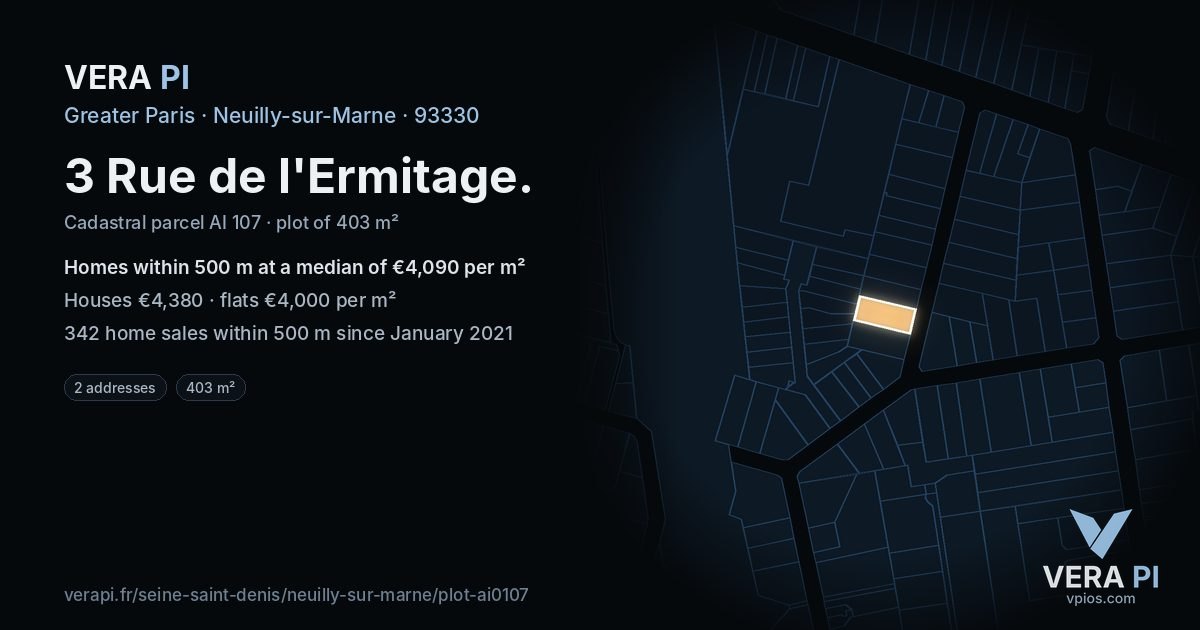 3 Rue de l'Ermitage, Neuilly-sur-Marne at night – the plot lit, the parcels around coloured by the prices near them
