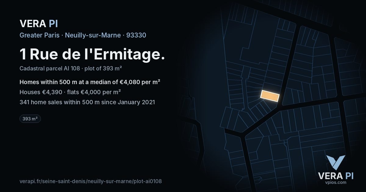 1 Rue de l'Ermitage, Neuilly-sur-Marne at night – the plot lit, the parcels around coloured by the prices near them