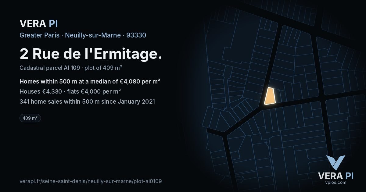 2 Rue de l'Ermitage, Neuilly-sur-Marne at night – the plot lit, the parcels around coloured by the prices near them