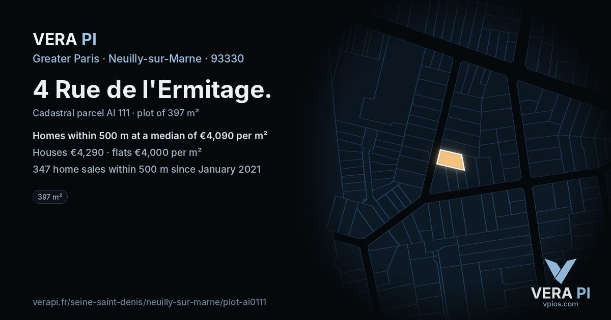 4 Rue de l'Ermitage, Neuilly-sur-Marne at night – the plot lit, the parcels around coloured by the prices near them