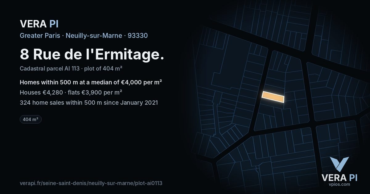 8 Rue de l'Ermitage, Neuilly-sur-Marne at night – the plot lit, the parcels around coloured by the prices near them