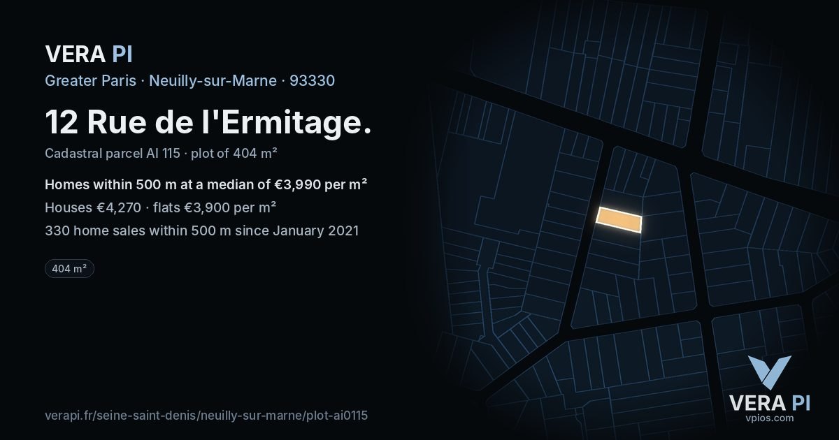 12 Rue de l'Ermitage, Neuilly-sur-Marne at night – the plot lit, the parcels around coloured by the prices near them