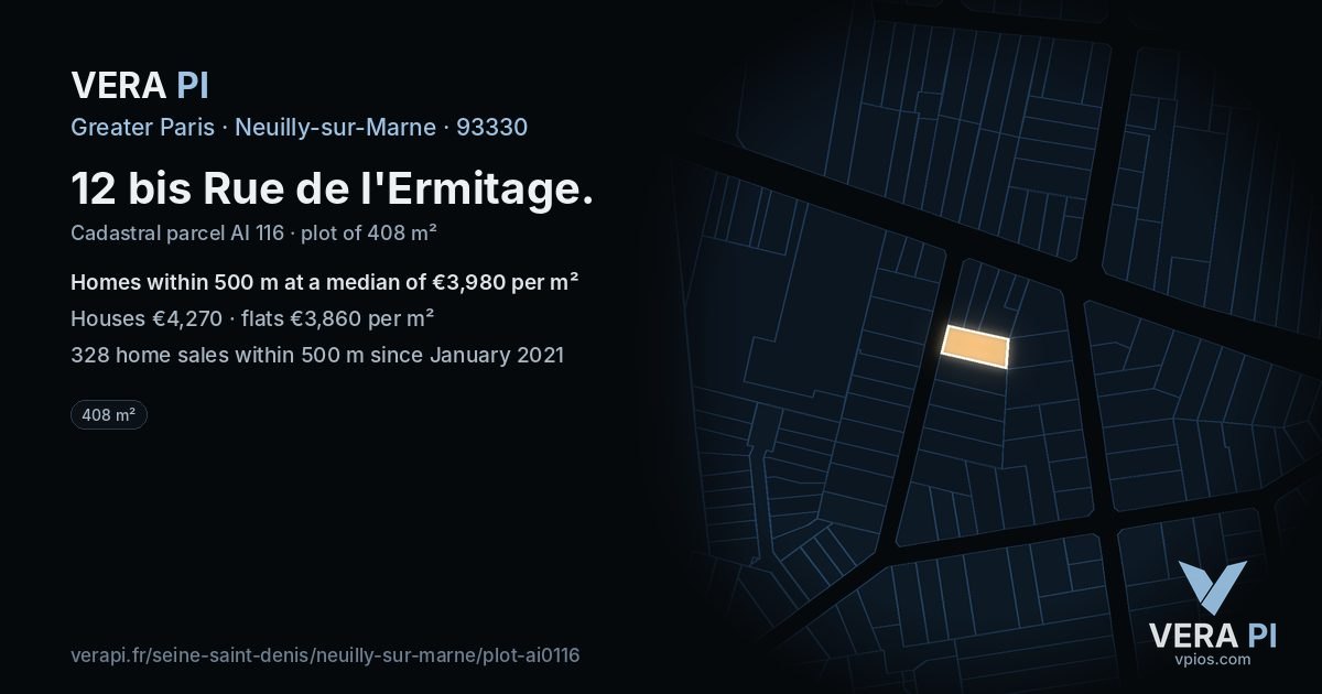 12 bis Rue de l'Ermitage, Neuilly-sur-Marne at night – the plot lit, the parcels around coloured by the prices near them