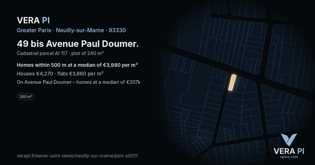 49 bis Avenue Paul Doumer, Neuilly-sur-Marne at night – the plot lit, the parcels around coloured by the prices near them