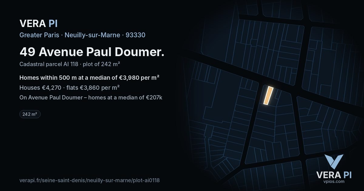 49 Avenue Paul Doumer, Neuilly-sur-Marne at night – the plot lit, the parcels around coloured by the prices near them