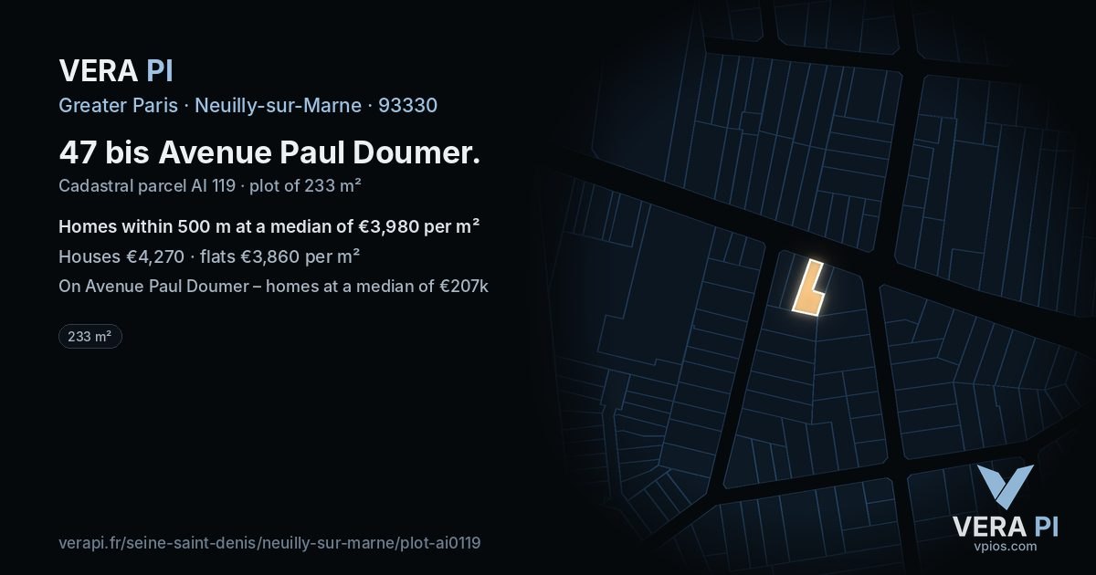 47 bis Avenue Paul Doumer, Neuilly-sur-Marne at night – the plot lit, the parcels around coloured by the prices near them