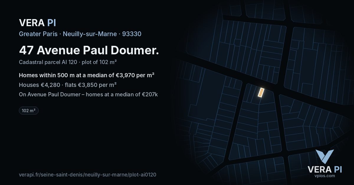 47 Avenue Paul Doumer, Neuilly-sur-Marne at night – the plot lit, the parcels around coloured by the prices near them