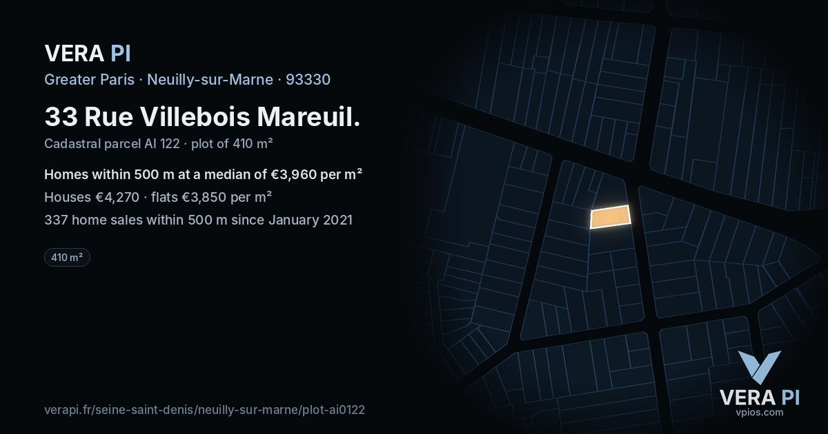 33 Rue Villebois Mareuil, Neuilly-sur-Marne at night – the plot lit, the parcels around coloured by the prices near them