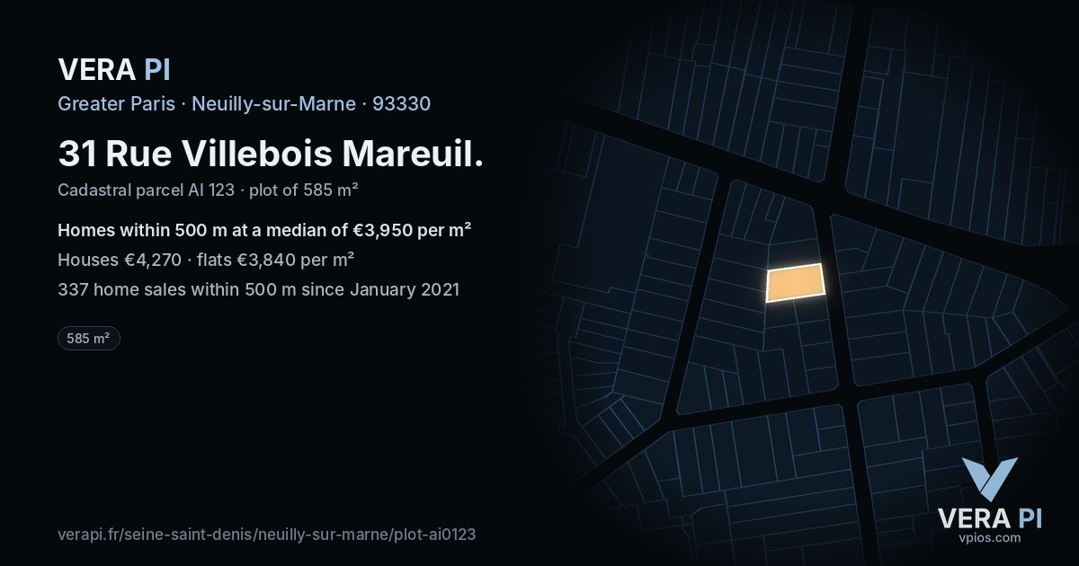 31 Rue Villebois Mareuil, Neuilly-sur-Marne at night – the plot lit, the parcels around coloured by the prices near them