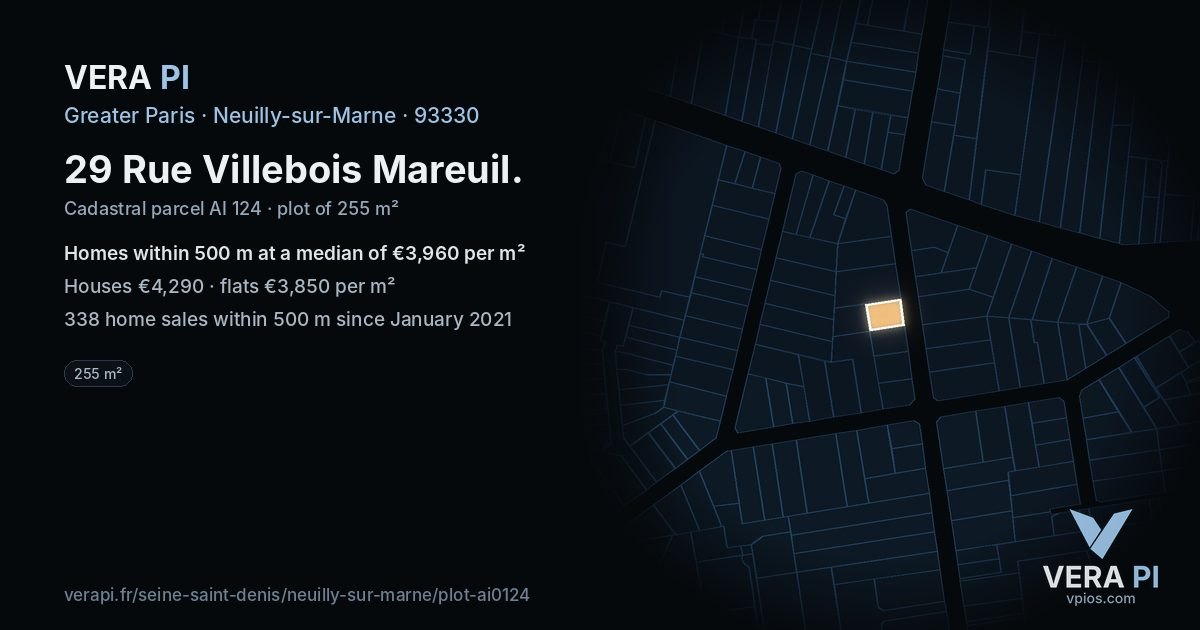 29 Rue Villebois Mareuil, Neuilly-sur-Marne at night – the plot lit, the parcels around coloured by the prices near them