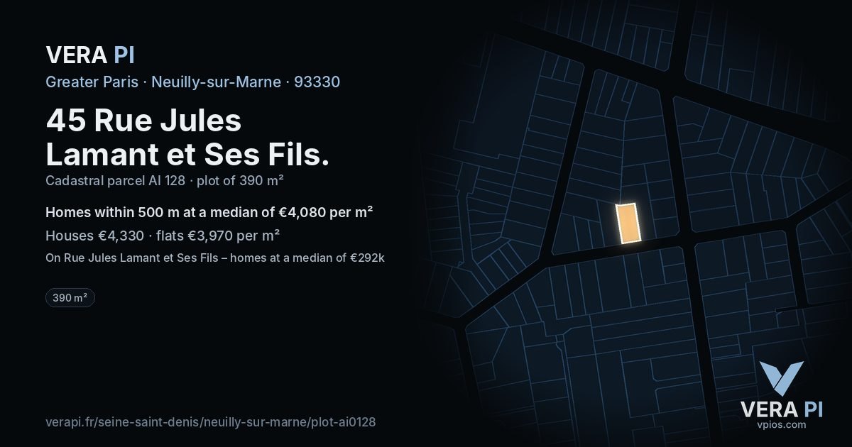 45 Rue Jules Lamant et Ses Fils, Neuilly-sur-Marne at night – the plot lit, the parcels around coloured by the prices near them