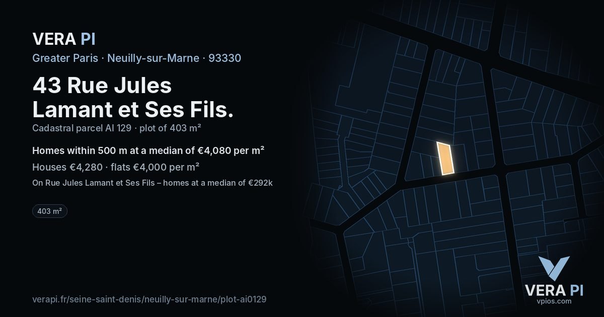 43 Rue Jules Lamant et Ses Fils, Neuilly-sur-Marne at night – the plot lit, the parcels around coloured by the prices near them