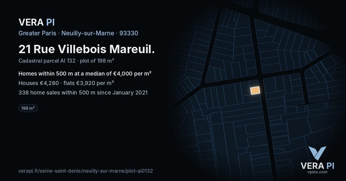 21 Rue Villebois Mareuil, Neuilly-sur-Marne at night – the plot lit, the parcels around coloured by the prices near them