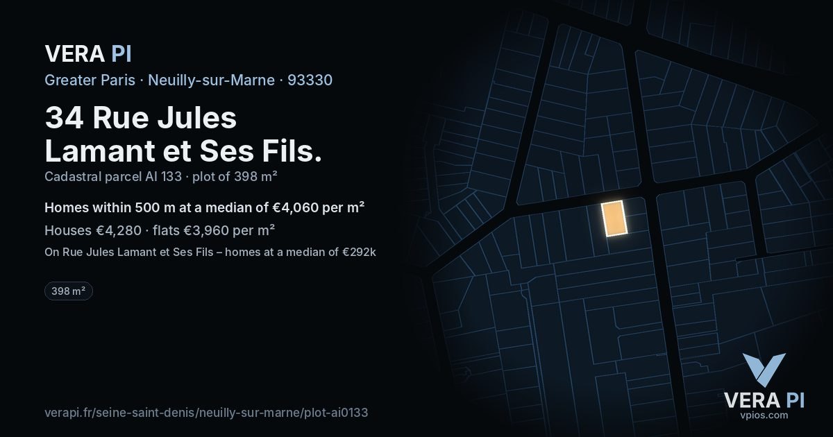 34 Rue Jules Lamant et Ses Fils, Neuilly-sur-Marne at night – the plot lit, the parcels around coloured by the prices near them