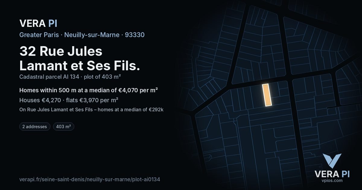 32 Rue Jules Lamant et Ses Fils, Neuilly-sur-Marne at night – the plot lit, the parcels around coloured by the prices near them