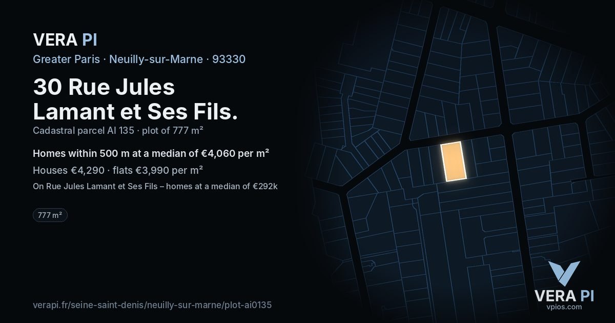 30 Rue Jules Lamant et Ses Fils, Neuilly-sur-Marne at night – the plot lit, the parcels around coloured by the prices near them