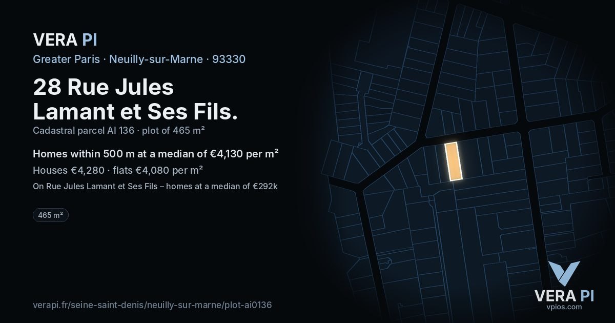 28 Rue Jules Lamant et Ses Fils, Neuilly-sur-Marne at night – the plot lit, the parcels around coloured by the prices near them