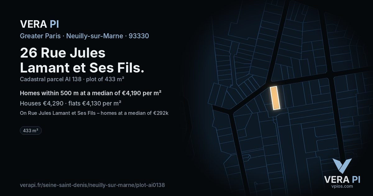 26 Rue Jules Lamant et Ses Fils, Neuilly-sur-Marne at night – the plot lit, the parcels around coloured by the prices near them