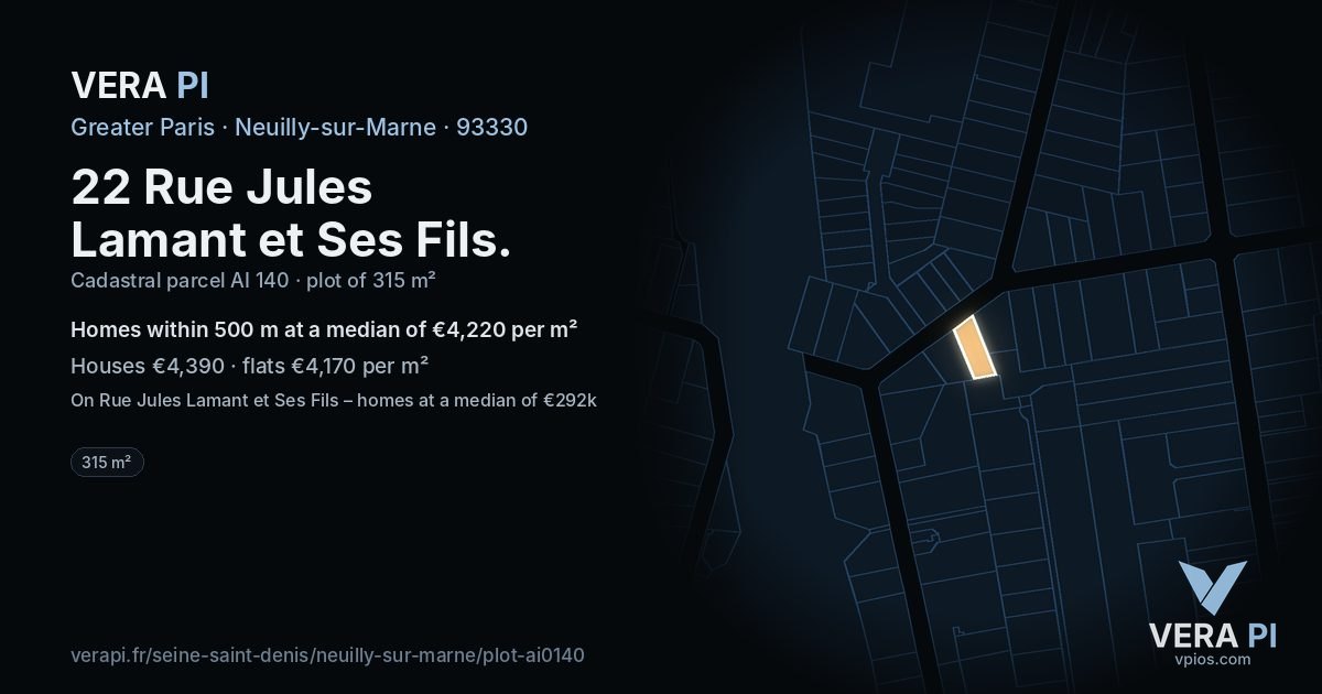22 Rue Jules Lamant et Ses Fils, Neuilly-sur-Marne at night – the plot lit, the parcels around coloured by the prices near them