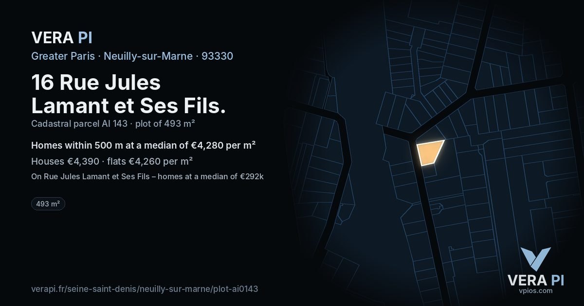 16 Rue Jules Lamant et Ses Fils, Neuilly-sur-Marne at night – the plot lit, the parcels around coloured by the prices near them