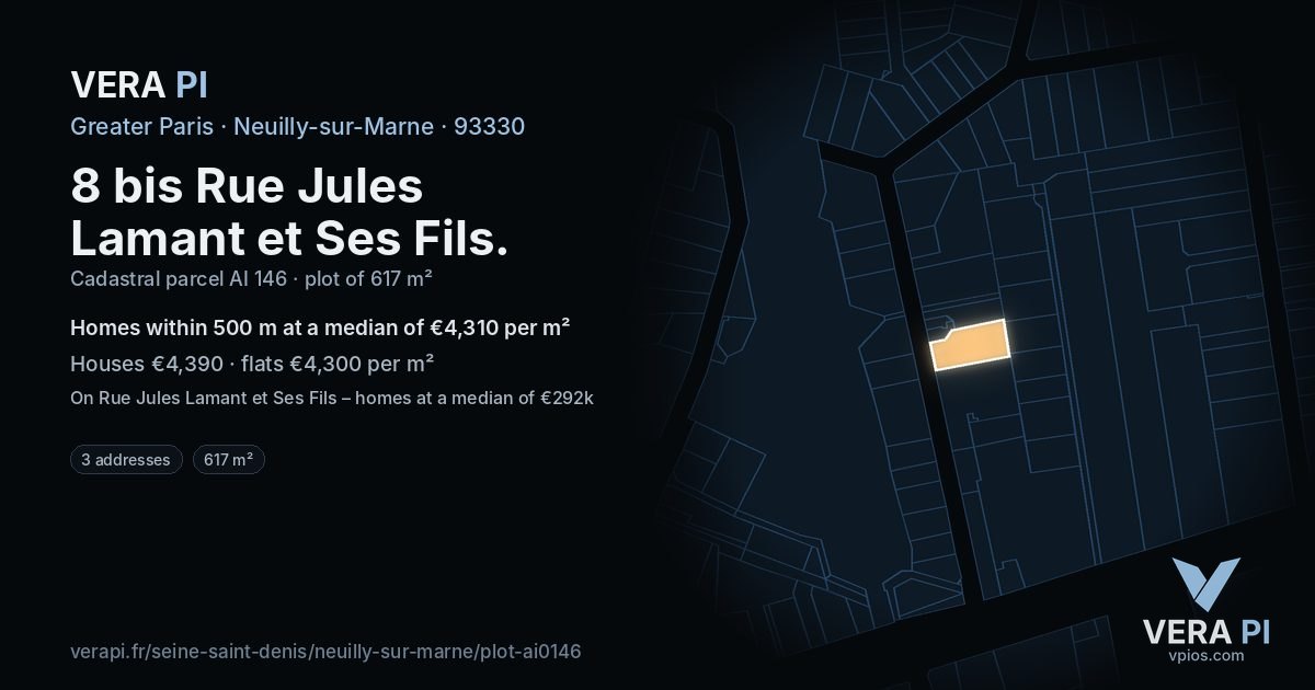 8 bis Rue Jules Lamant et Ses Fils, Neuilly-sur-Marne at night – the plot lit, the parcels around coloured by the prices near them
