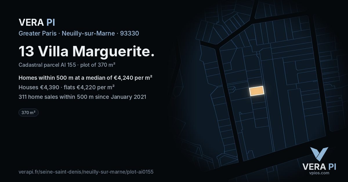 13 Villa Marguerite, Neuilly-sur-Marne at night – the plot lit, the parcels around coloured by the prices near them