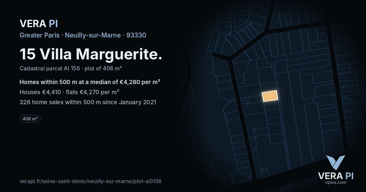 15 Villa Marguerite, Neuilly-sur-Marne at night – the plot lit, the parcels around coloured by the prices near them