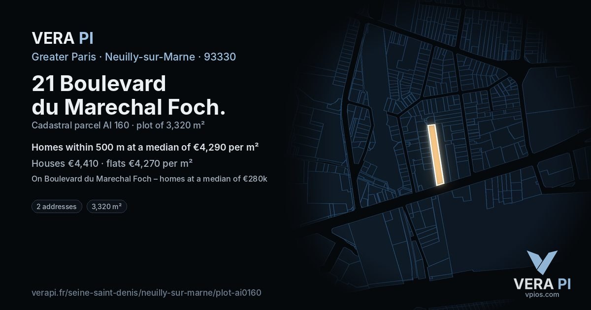 21 Boulevard du Marechal Foch, Neuilly-sur-Marne at night – the plot lit, the parcels around coloured by the prices near them